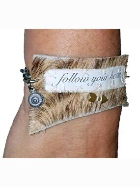 Rustic Leather Bracelet Cuff Follow Your Heart Mantra Saying Word Jewelry Charms